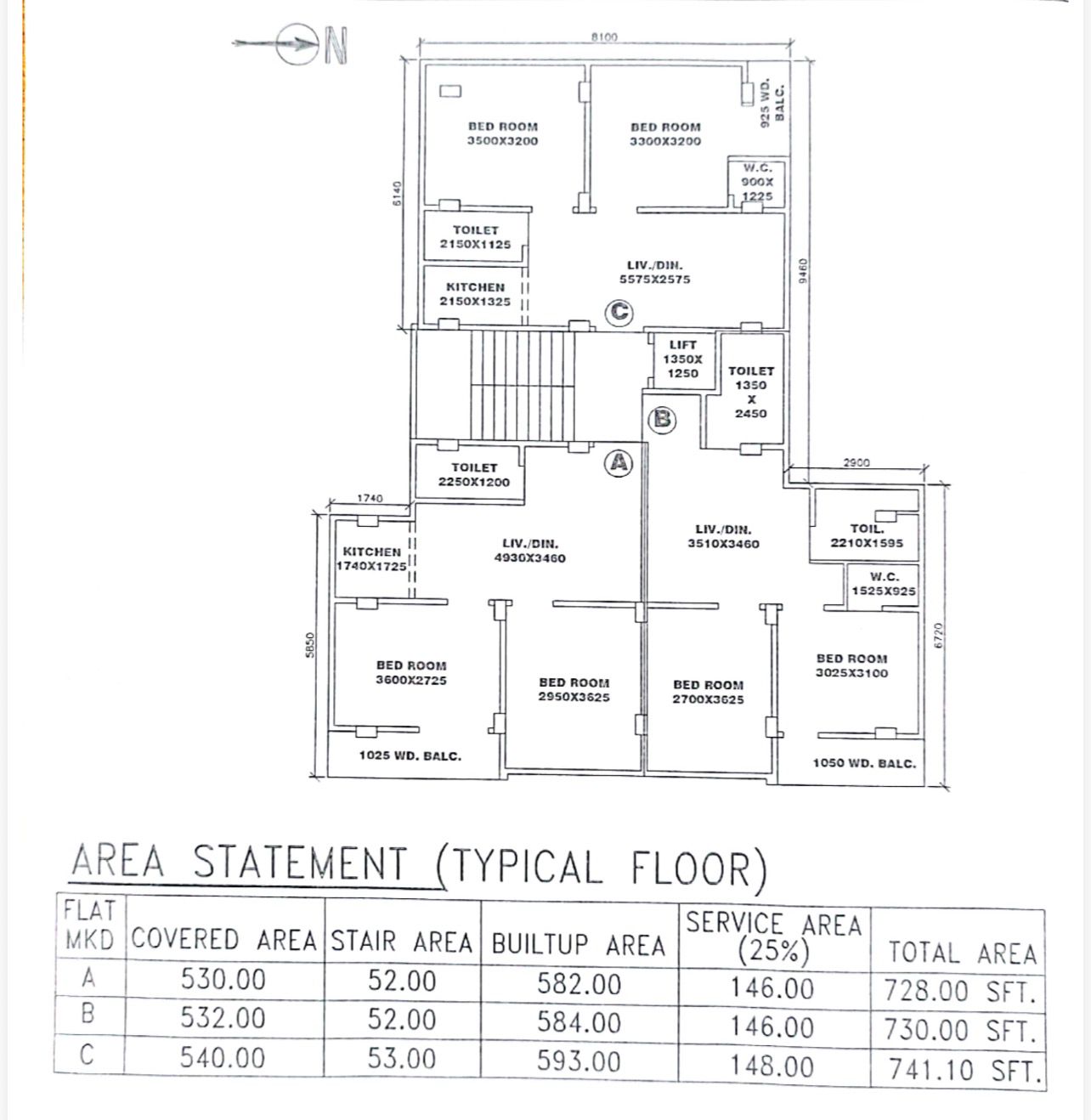 2 BHK - FLAT-C, 1ST, 2ND, 3RD & 4TH FLOOR